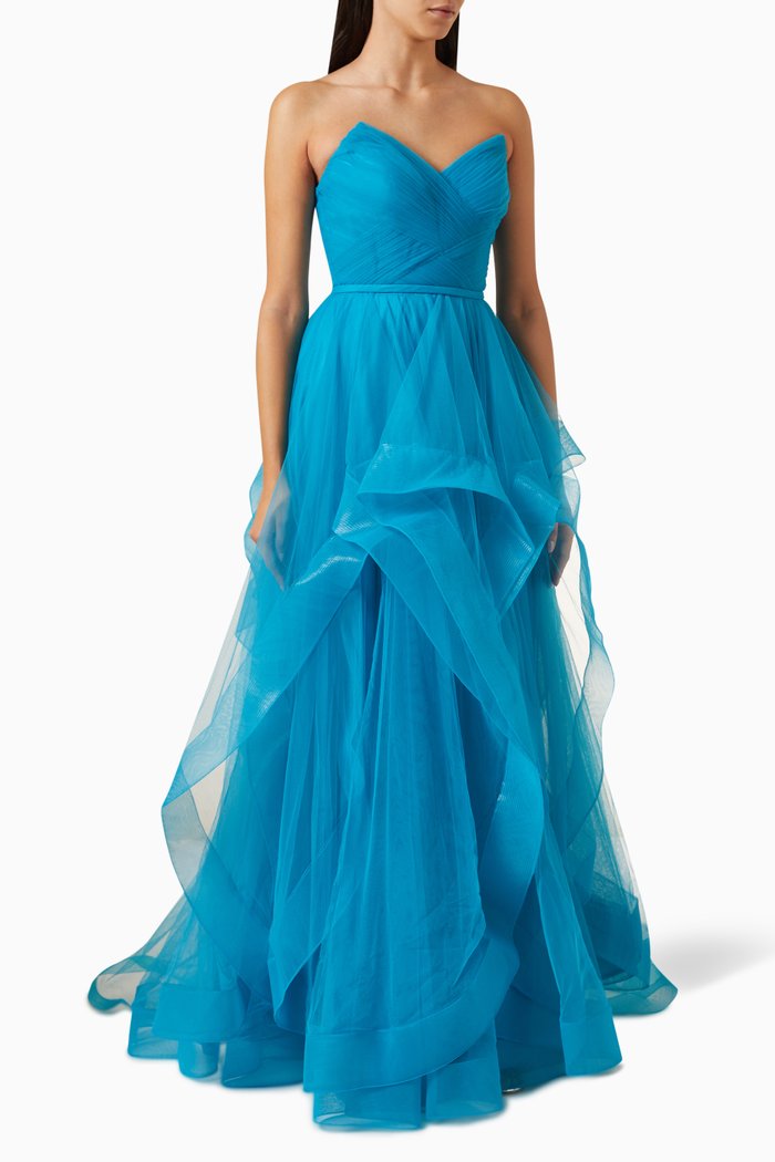 

Bustier Strapless Gown in Tulle, Blue