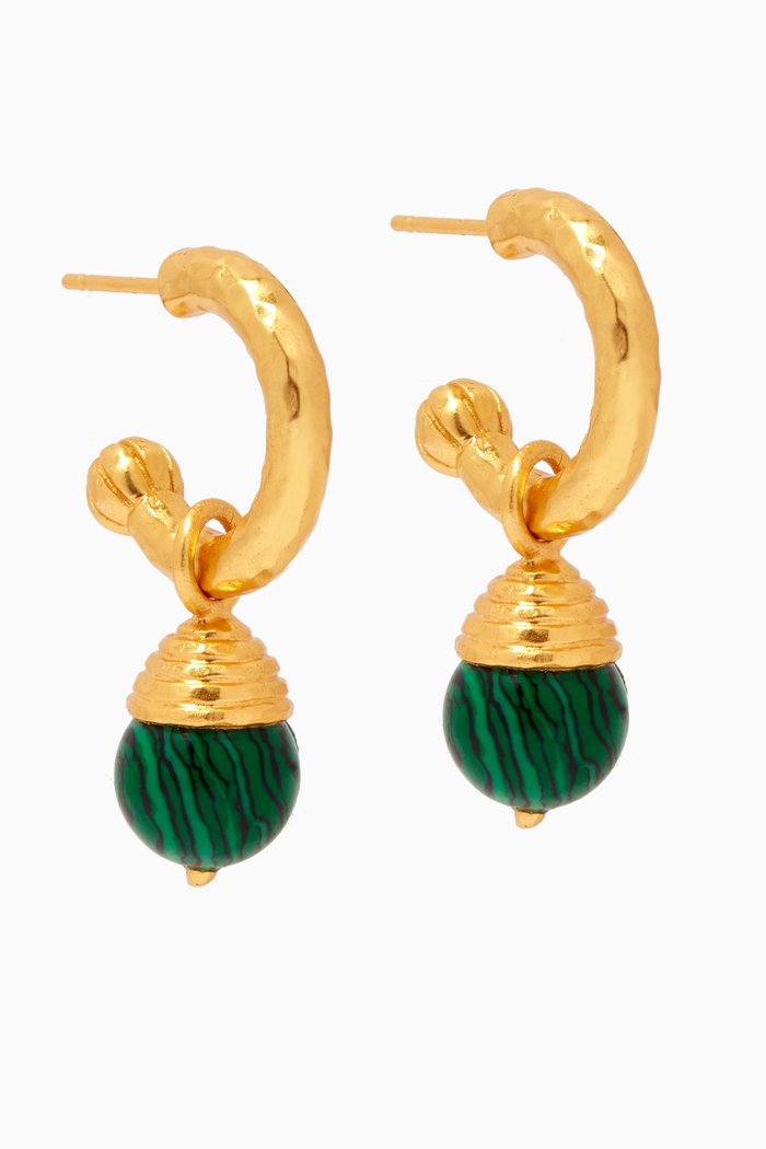 Nani Drop Stone Hoop Earrings in 24kt Gold Plating, Green
