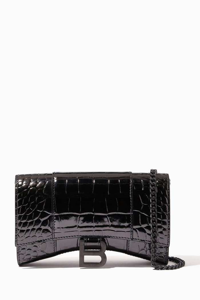 

Hourglass Wallet on Chain in Crocodile Embossed Calfskin, Silver