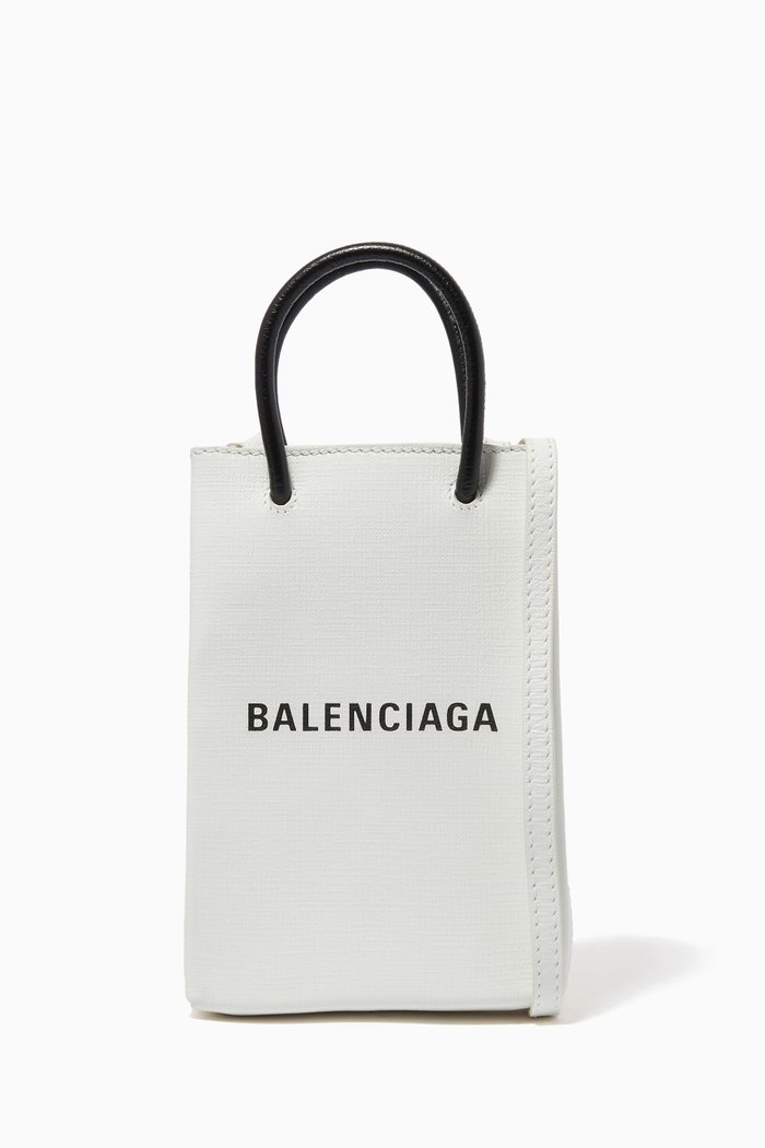 

Shopping Phone Holder Bag in Squared Calfskin, White