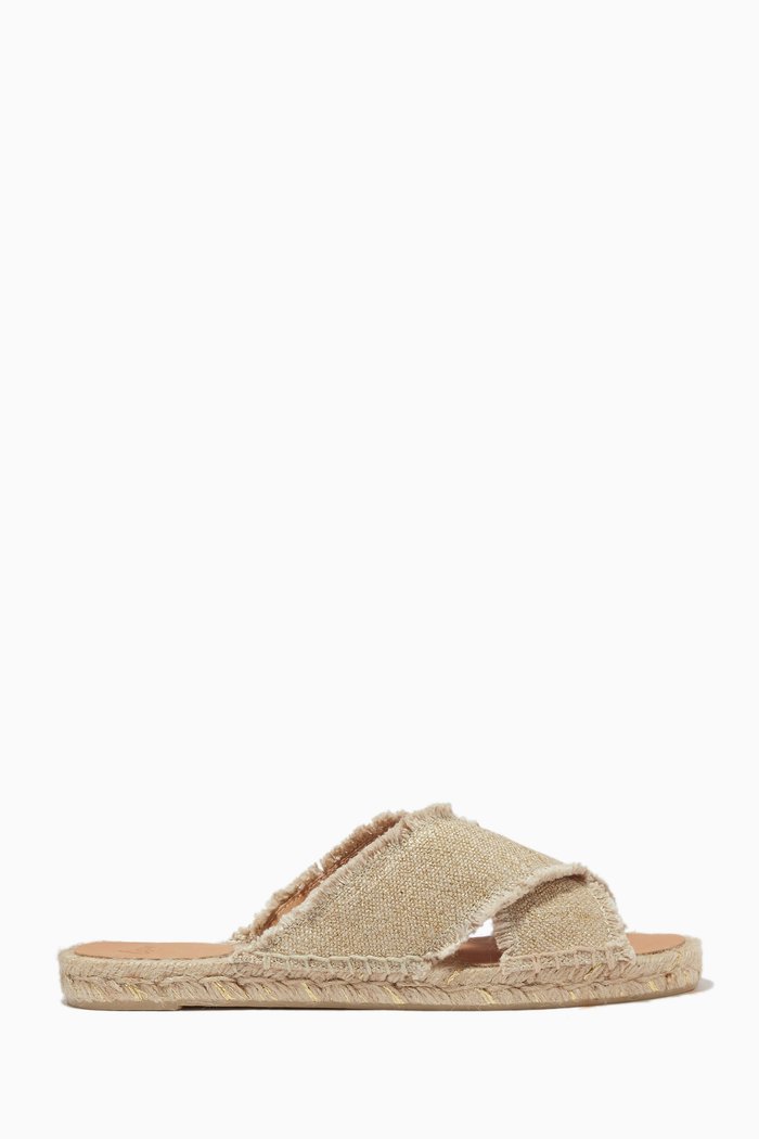 

Palmera Flat Slide Sandals in Canvas, Gold
