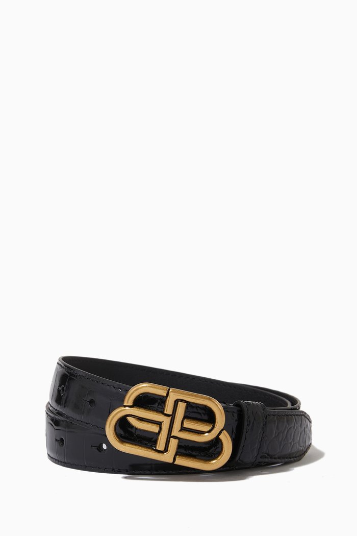 

BB Thin Belt in Crocodile Embossed Calfskin, Black