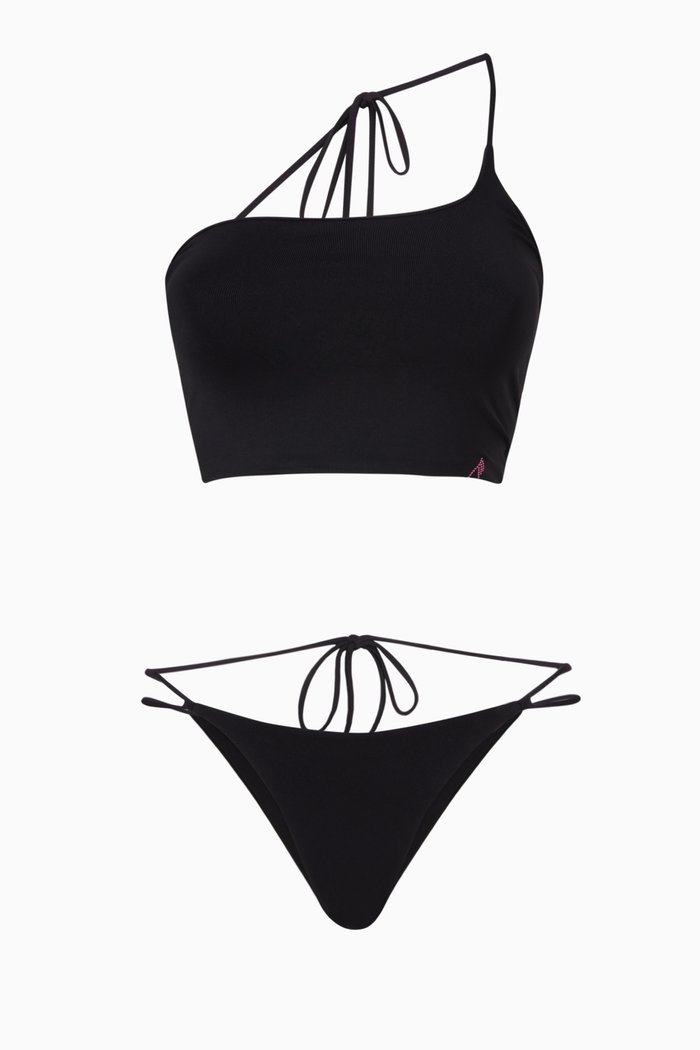 

Single Strap Crop Bikini Set in Lycra, Black