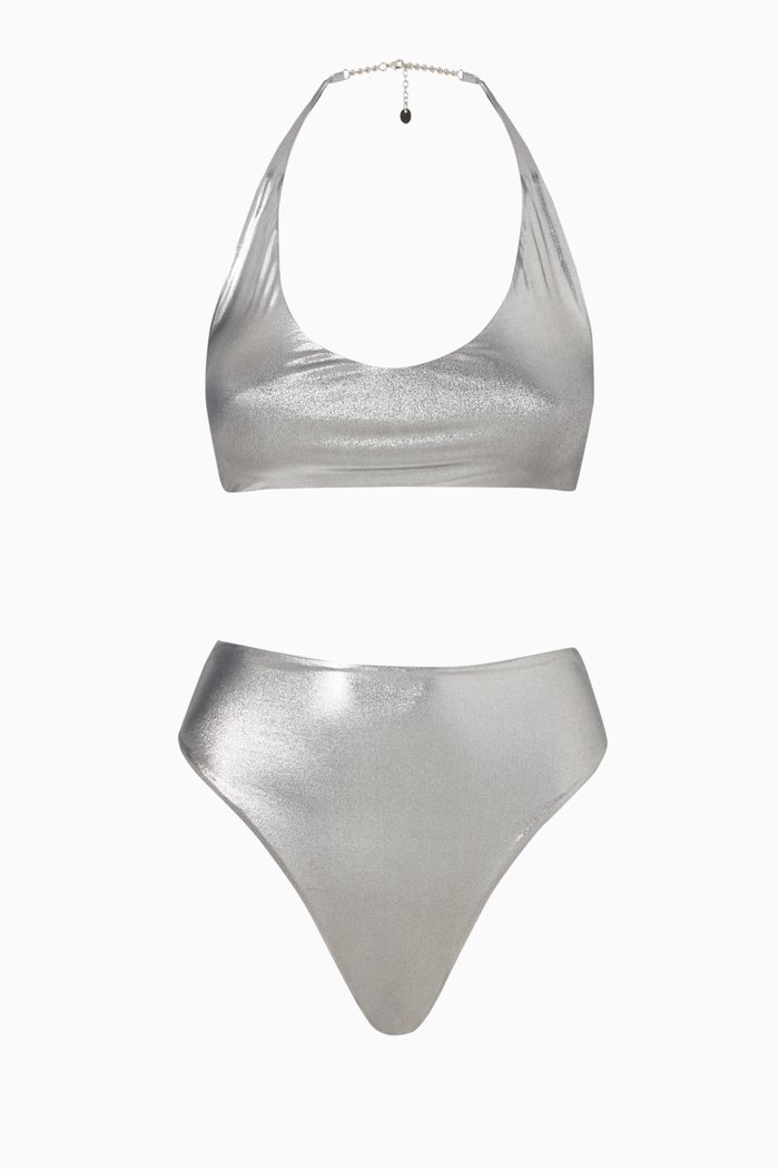 

High Waist Bikini Set in Metallic Lycra, Silver