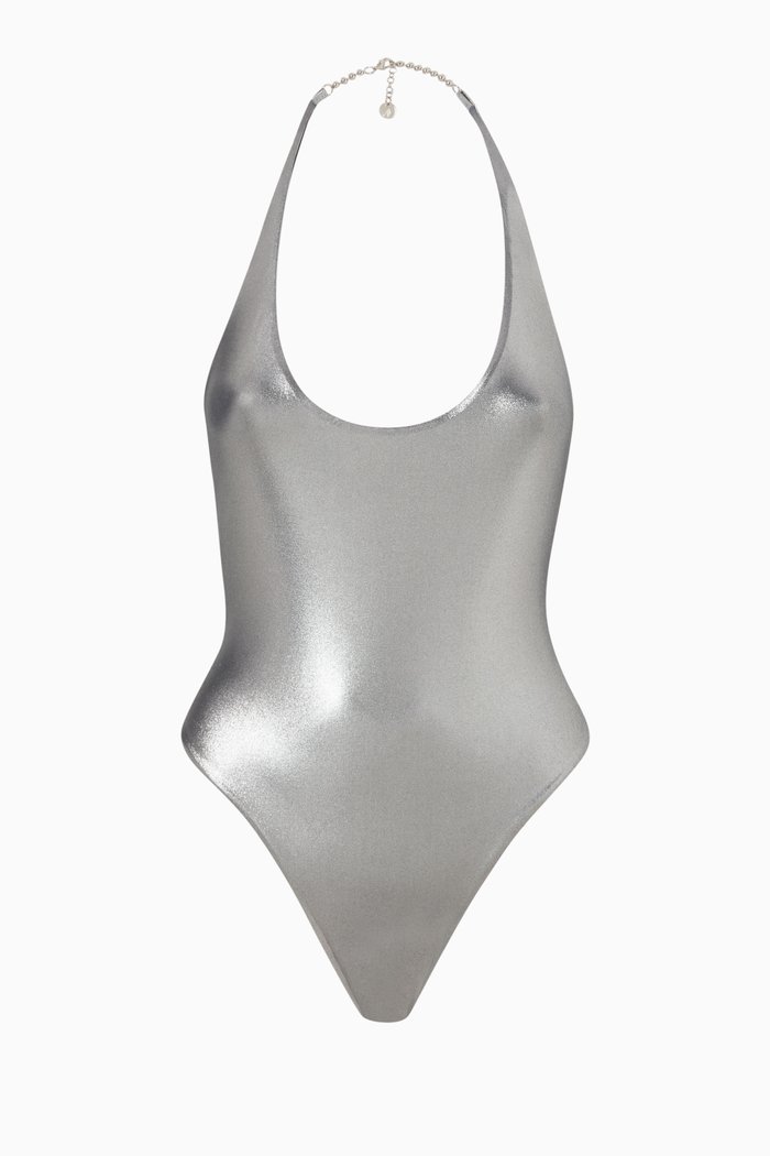 

Halterneck Swimsuit in Stretch Nylon, Silver