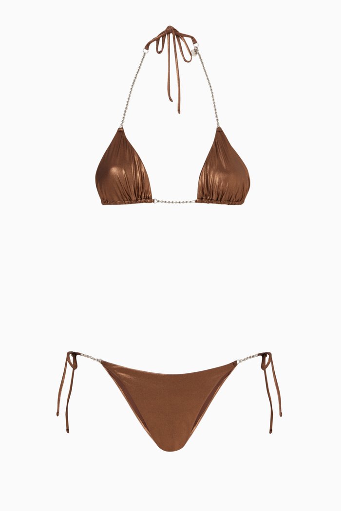 

Beaded Chain Bikini Set in Metallic Lycra, Gold