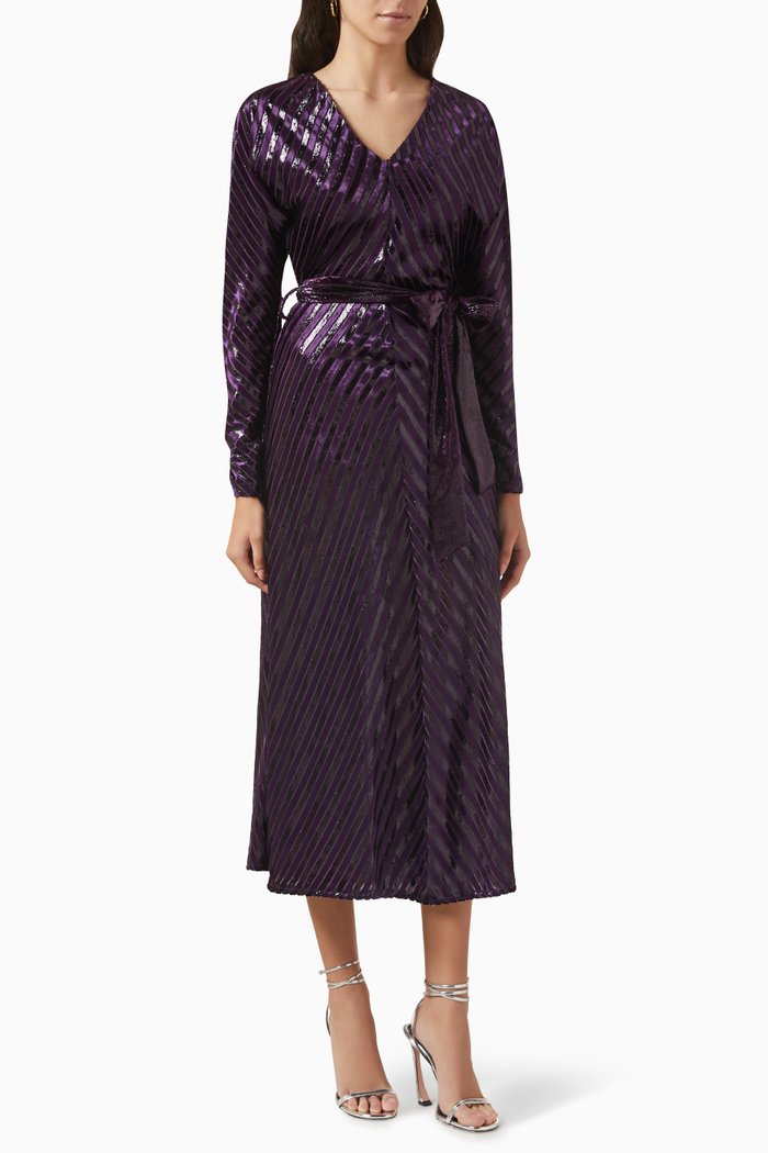 

V-neck Belted Shimmer Midi Dress, Purple