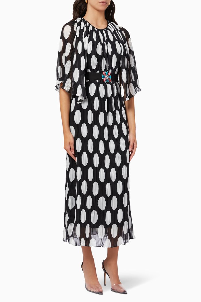 Plisse Polka Dot Dress, Black