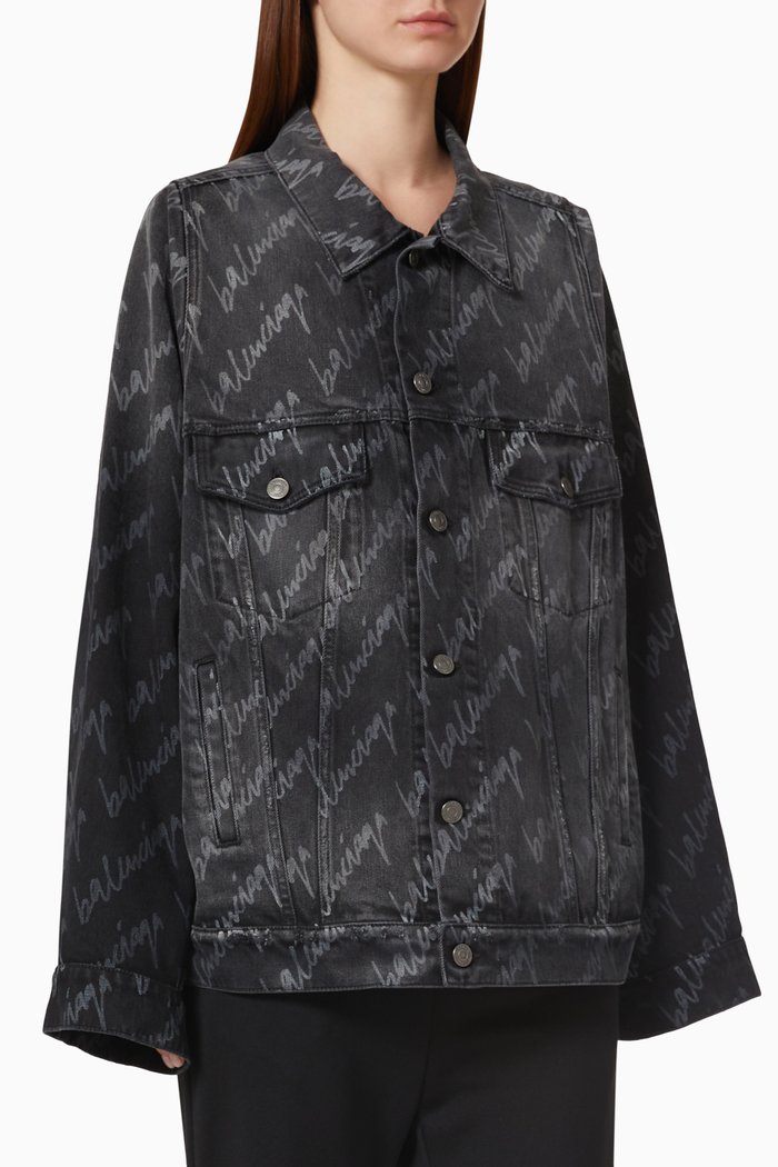 

All-over Logo Bell Sleeve Jacket in Stone Wash Denim, Black