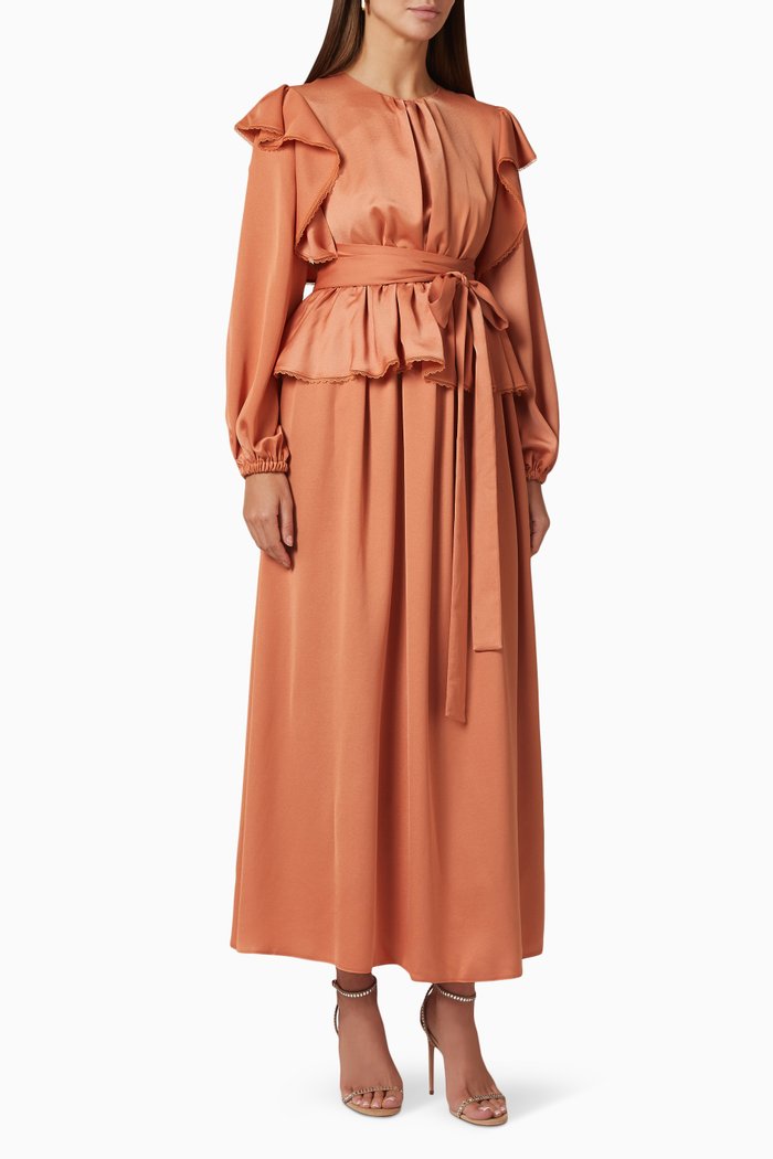 

Ruffle Trim Belted Dress, Orange