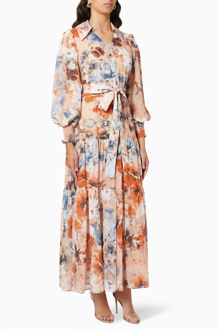 Printed Tiered Dress, Orange
