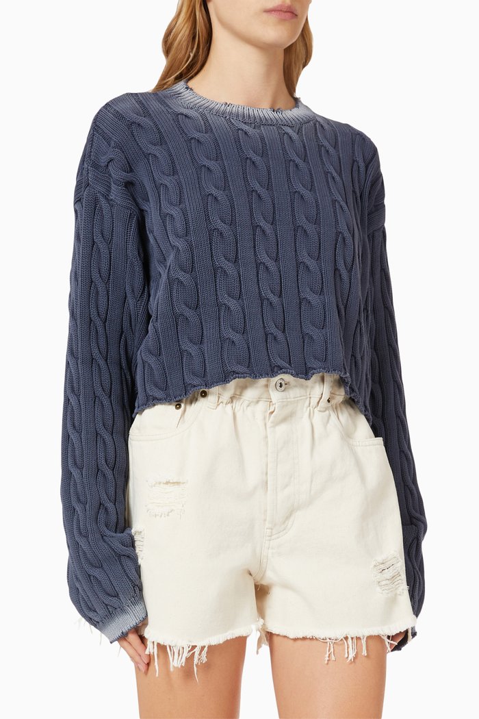 

Cut-out Cropped Sweater in Cable Knit Cotton, Blue