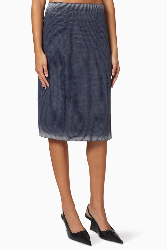 

Distressed Hem Skirt in Ribbed Cotton Knit, Blue