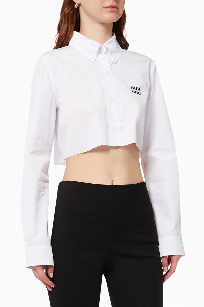 

Logo Embroidered Cropped Shirt in Cotton Poplin, White