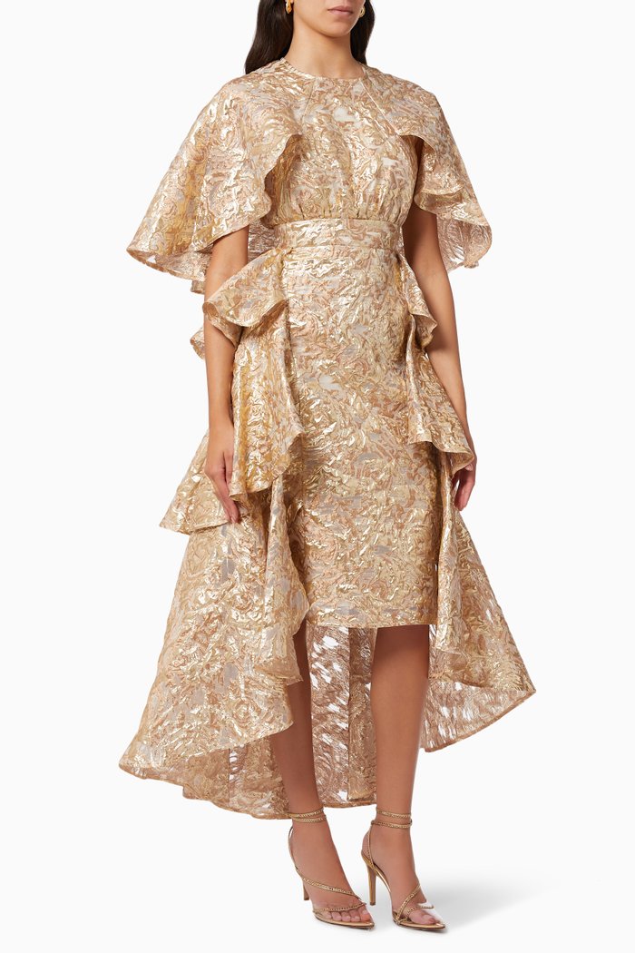 Ruffle Dress in Metallic Jacquard, Gold