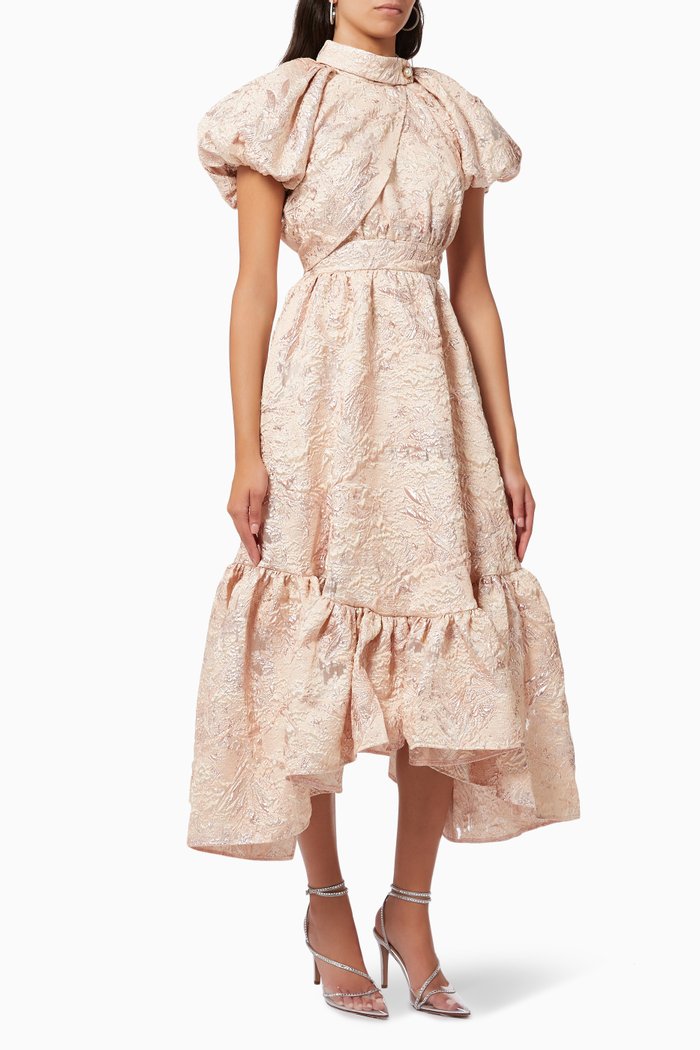 

Puff Sleeve Dress in Metallic Jacquard, Gold