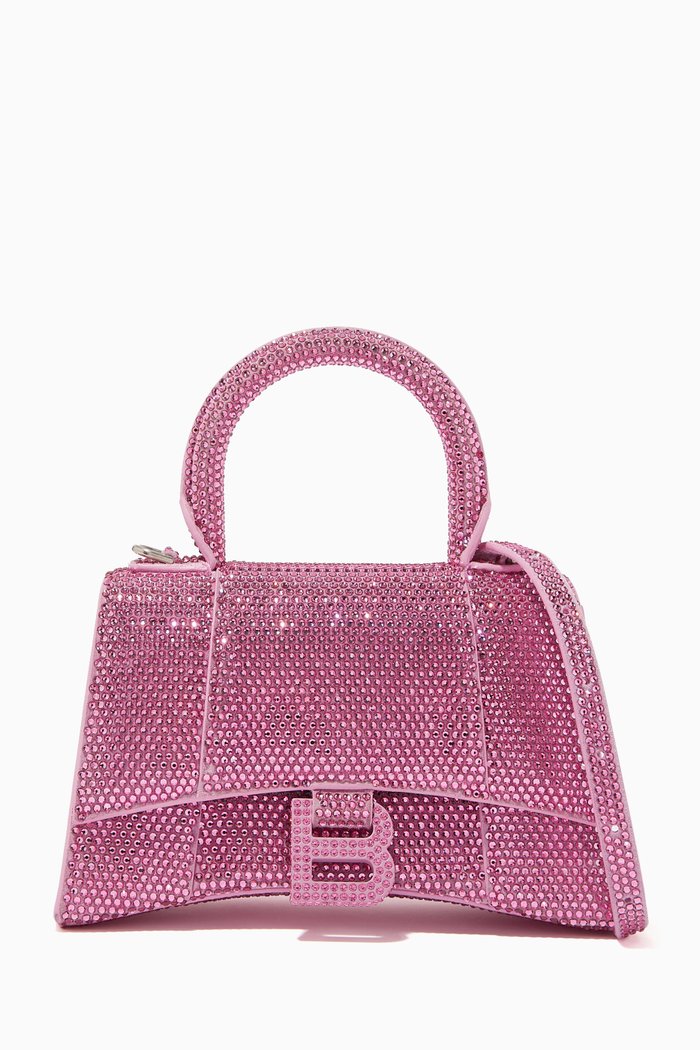 

Hourglass XS Top Handle Bag in Rhinestones Suede Calfskin, Pink