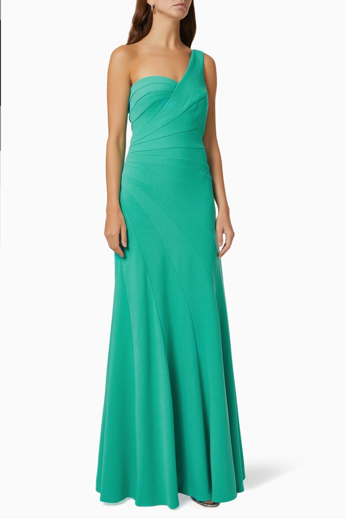 

Geraldine One Shoulder Gown in Textured Crepe, Green