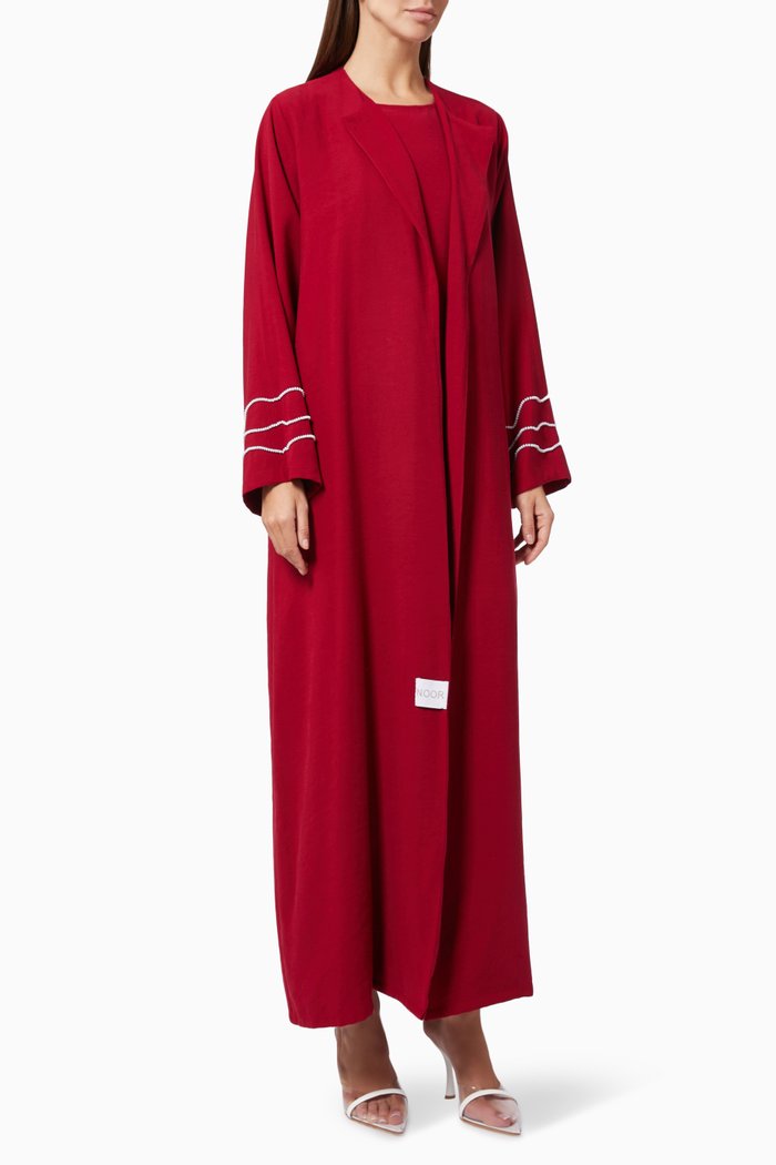 

Embroidered Abaya in Crushed Cotton, Red
