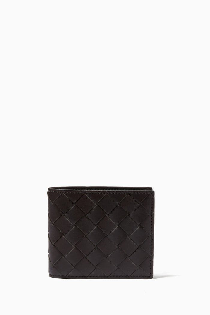 Bi-Fold Wallet in Intrecciato Calfskin, Brown