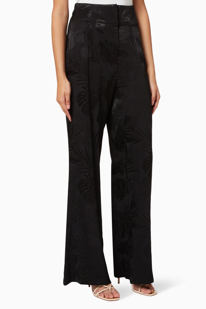 

Wide Leg Trousers in Palm Tree Satin, Black