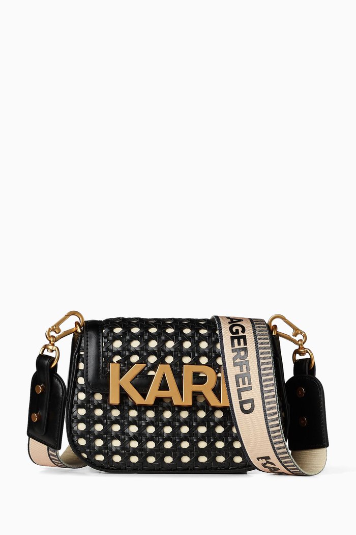 

K/Letters Small Woven Crossbody Bag in Faux Leather, Black