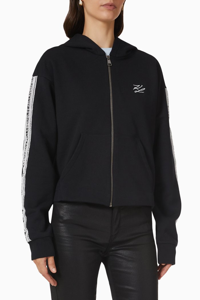 

Lace Karl Logo Zip-up Hoodie in Cotton Knit, Black