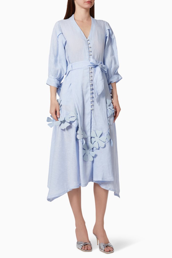 

3D Floral Applique Dress in Italian Linen, Blue