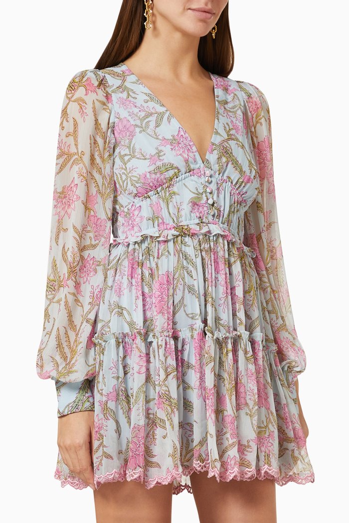 

Asia Floral Short Dress in Crinkle Viscose Chiffon, Blue