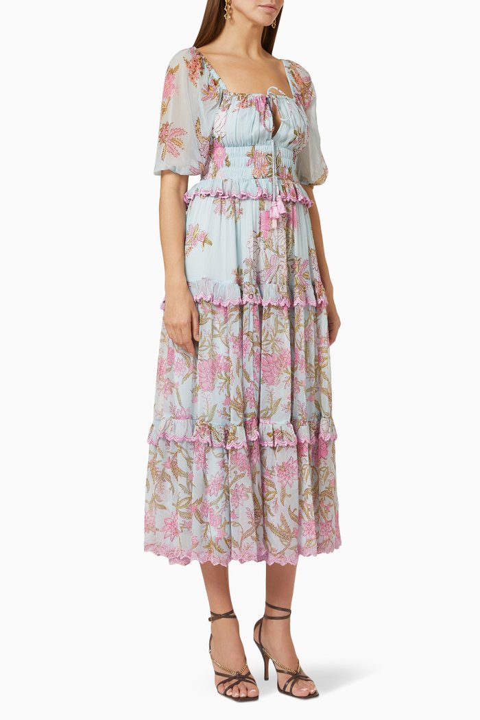 

Asia Floral Midi Dress in Crinkle Viscose Chiffon, Blue