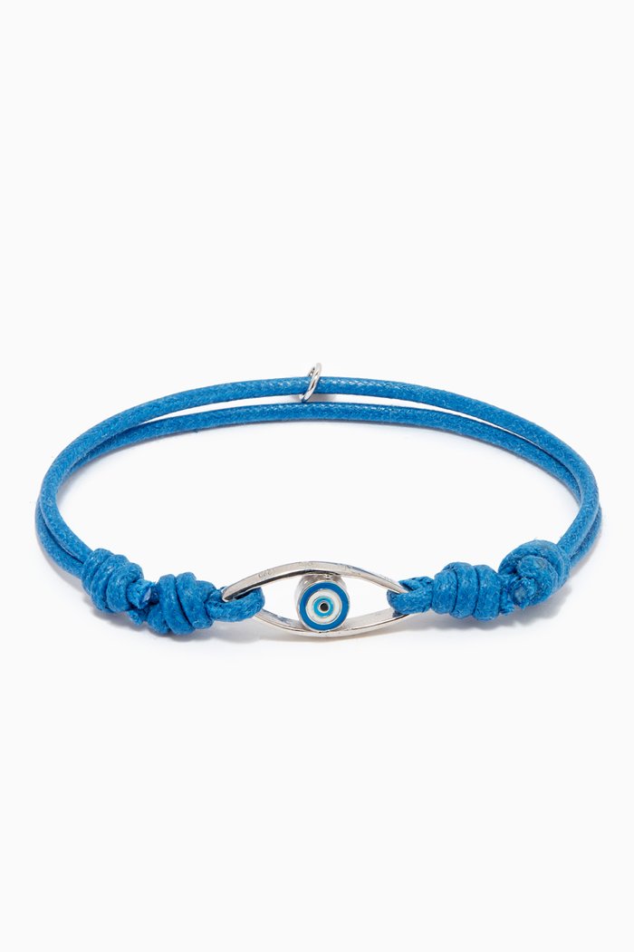Evil Eye Bracelet in Sterling Silver & Macrame, Blue