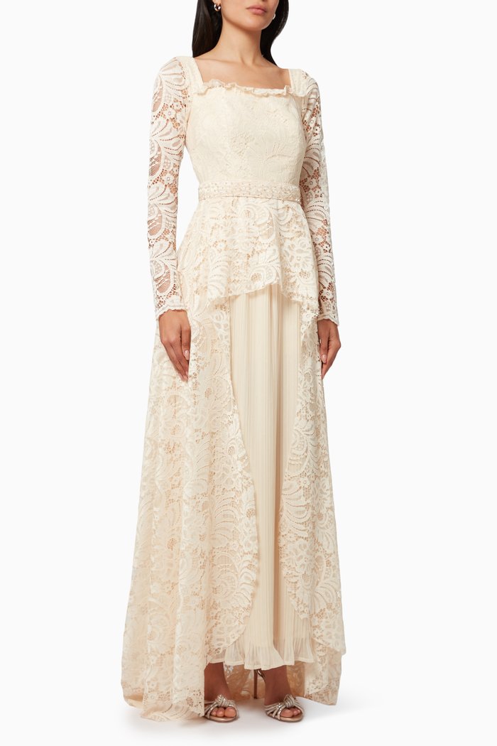 

Belted Maxi Dress in Lace, Neutral