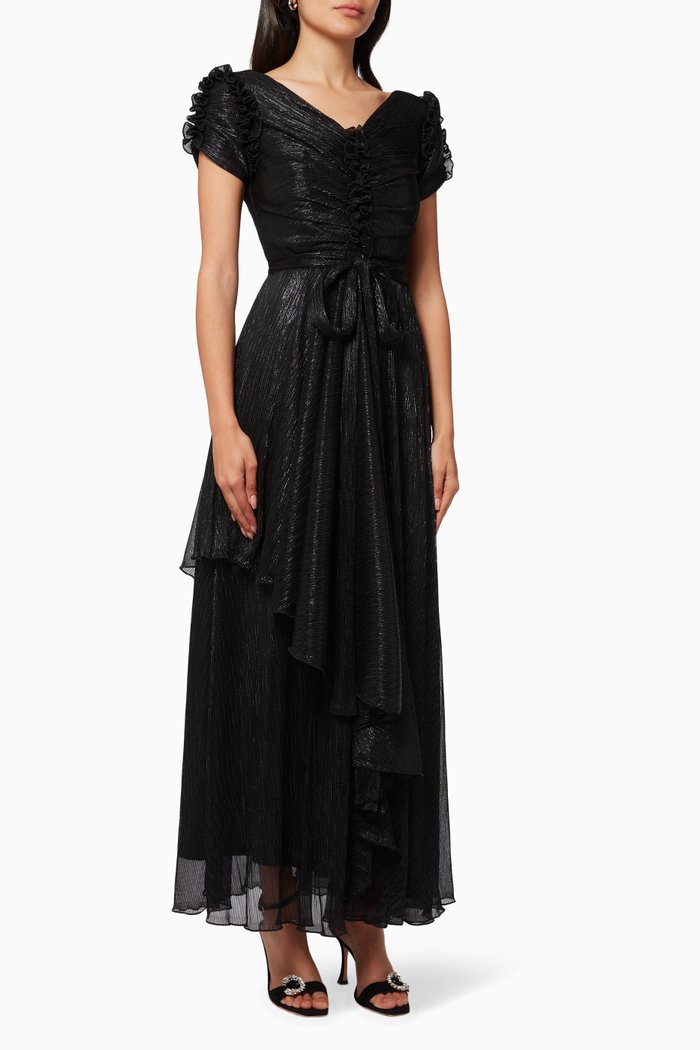 

Ruffle Trim Maxi Dress in Crinkle Lurex, Black