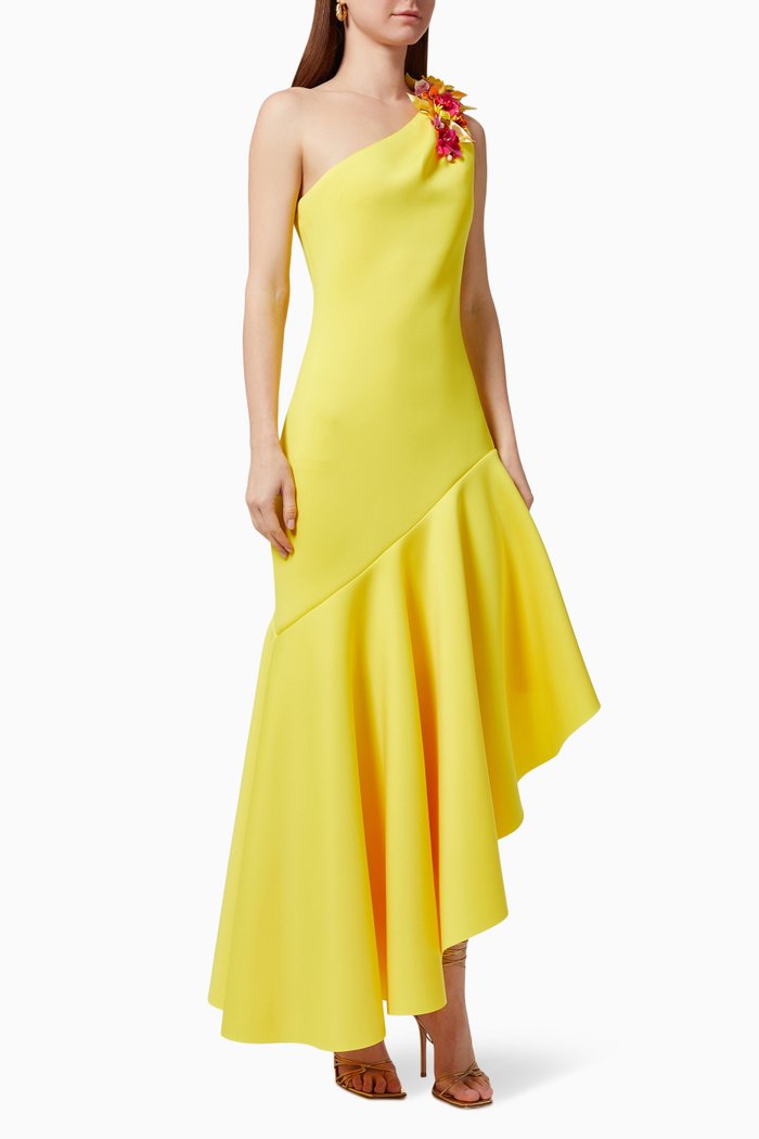 

One-Shoulder Asymmetrical Gown, Yellow