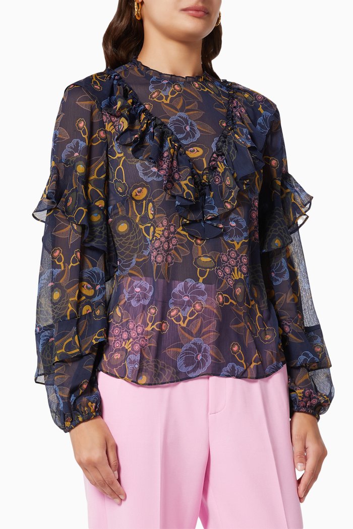 

Jovena Printed Waterfall Ruffle Top, Blue