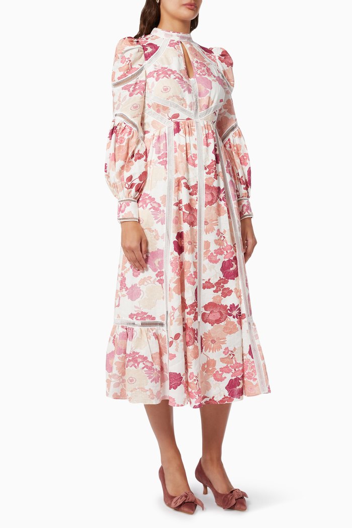 

Denissa Lace Tape Cut-out Midi Dress in Linen, Pink