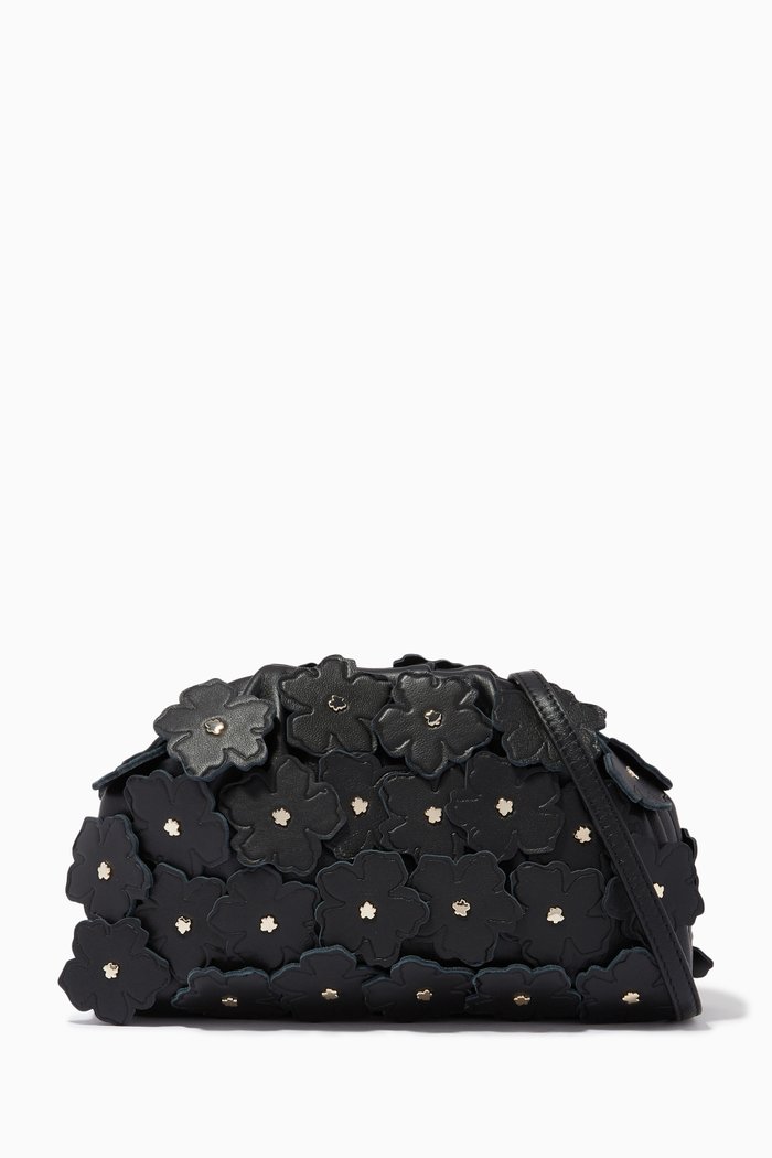 

Floriah Flower Applique Frame Clutch in Leather, Black
