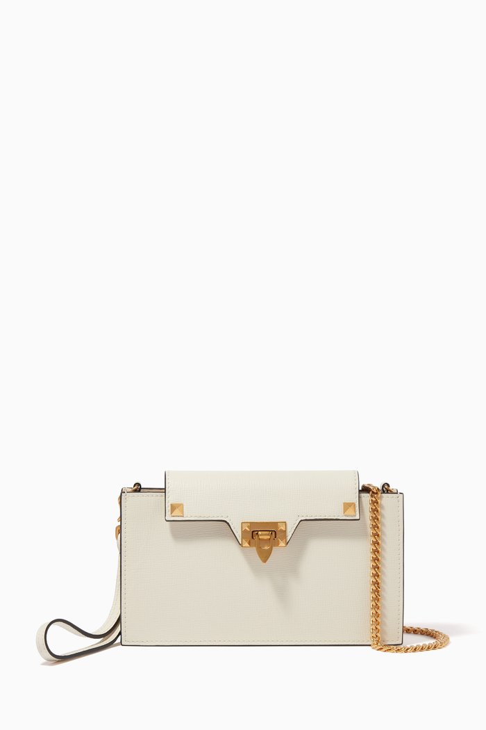 

Valentino Garavani Rockstud Aclove Wallet on Chain in Grainy Calfskin, White