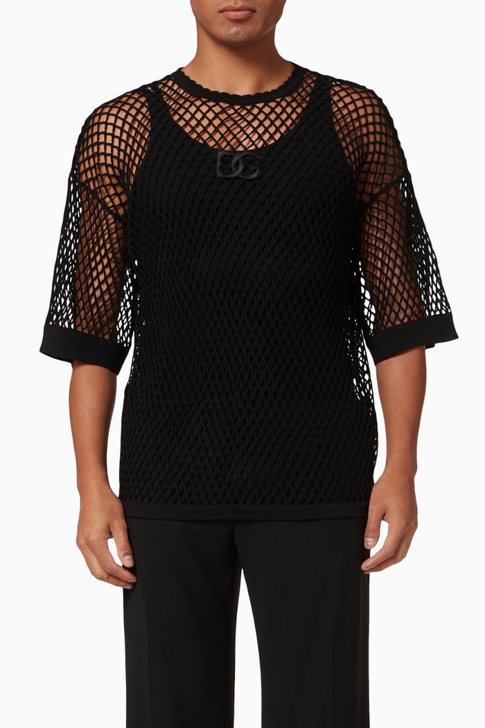 Fish Net T-shirt in Virgin Wool, Black