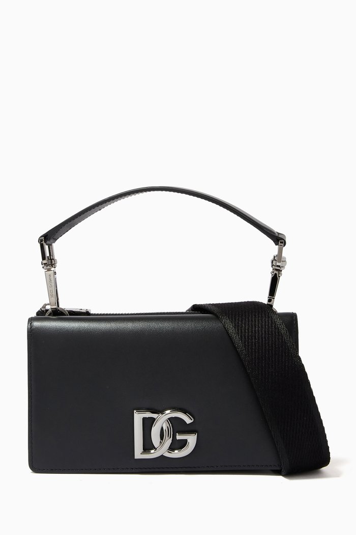 

Mini Handbag with Strap in Leather, Black