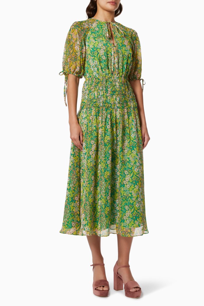 

Ursille Smocked Midi Dress in Sheer Fabric, Green