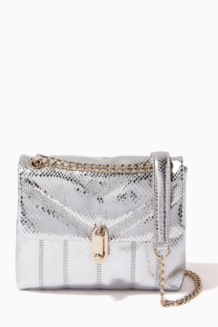 

Puffer Crossbody Bag in Snake Print Leather, Silver