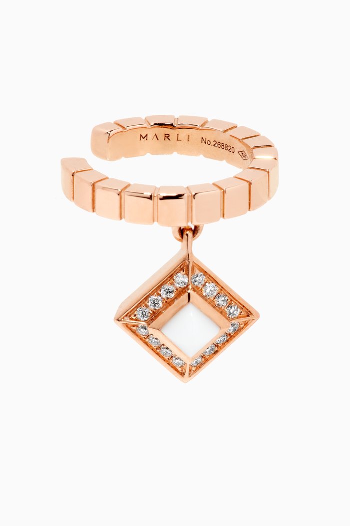 

Cleo Lotus White Agate & Pavé Diamonds Charm Single Ear Cuff in 18kt Rose Gold