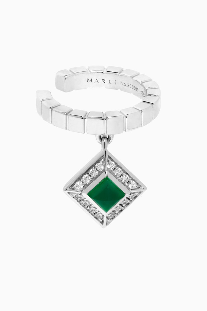 

Cleo Lotus Green Agate & Pavé Diamonds Charm Single Ear Cuff in 18kt White Gold, Silver