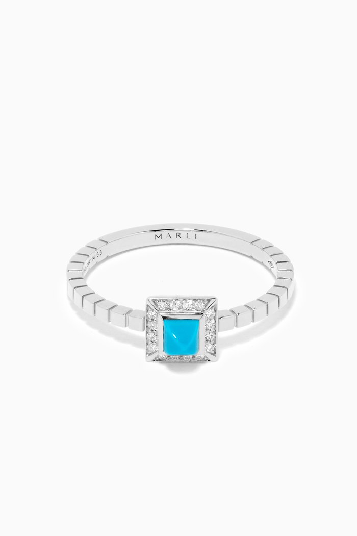 Cleo Lotus Turquoise & Diamond Ring in 18kt White Gold, Silver