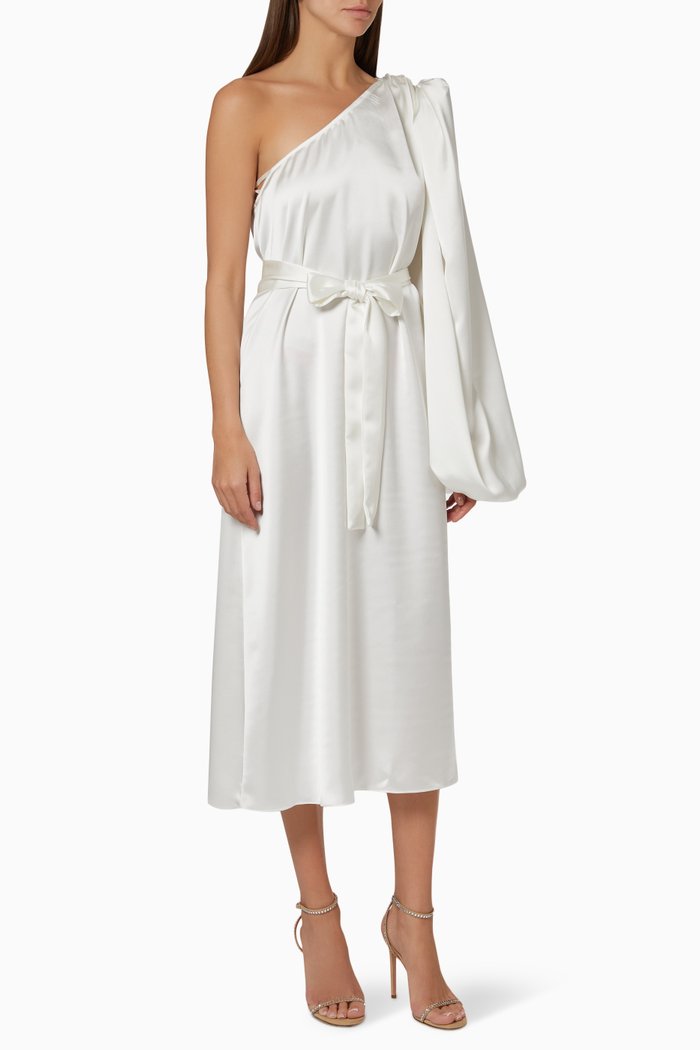 

One-sleeve Midi Dress in Satin, White