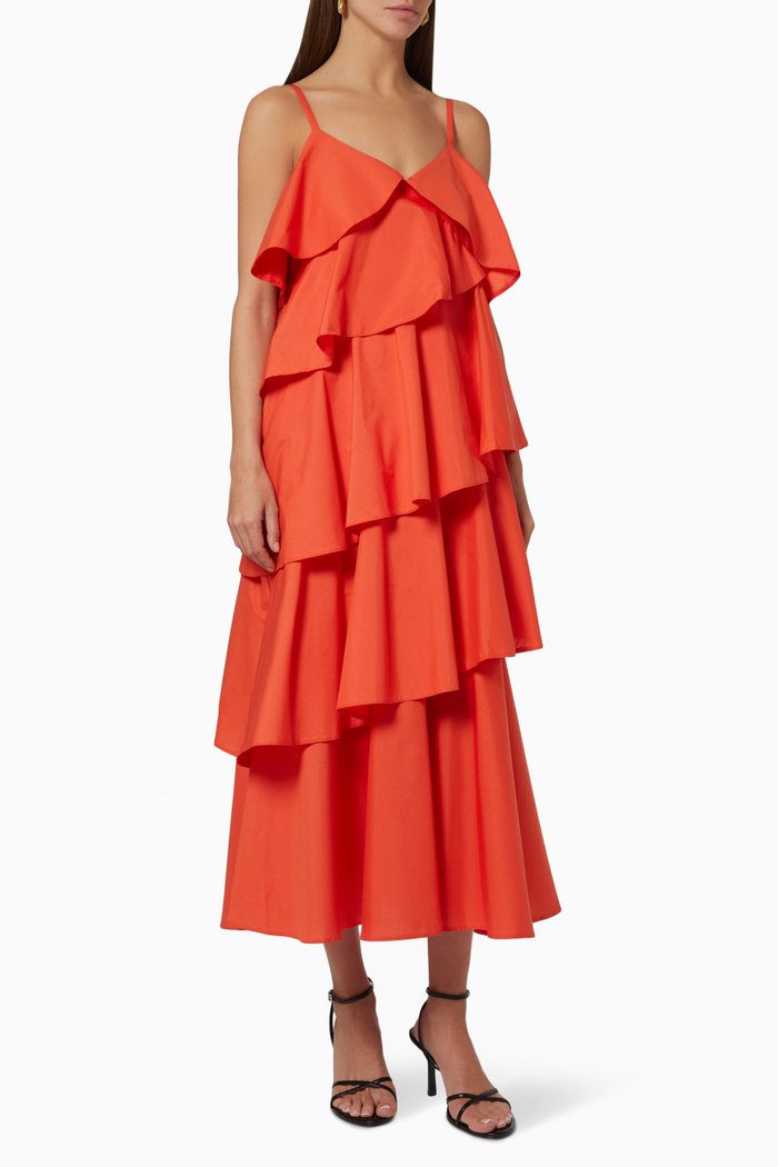

Ruffled Midi Dress in Poplin, Red
