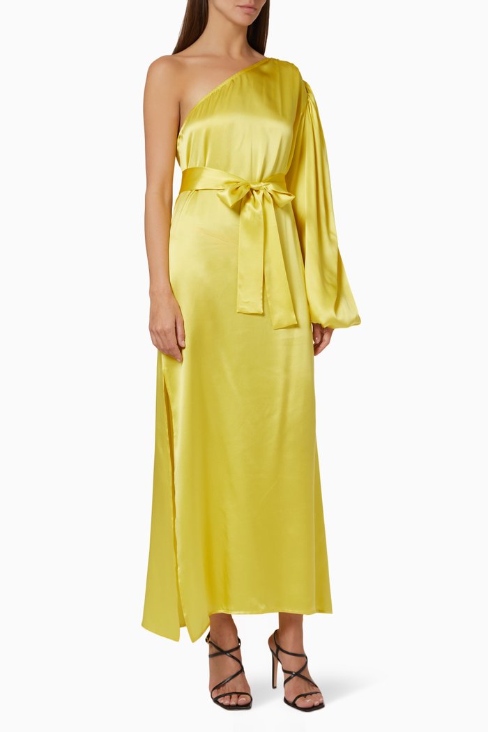 

One-sleeve Long Dress in Satin, Yellow