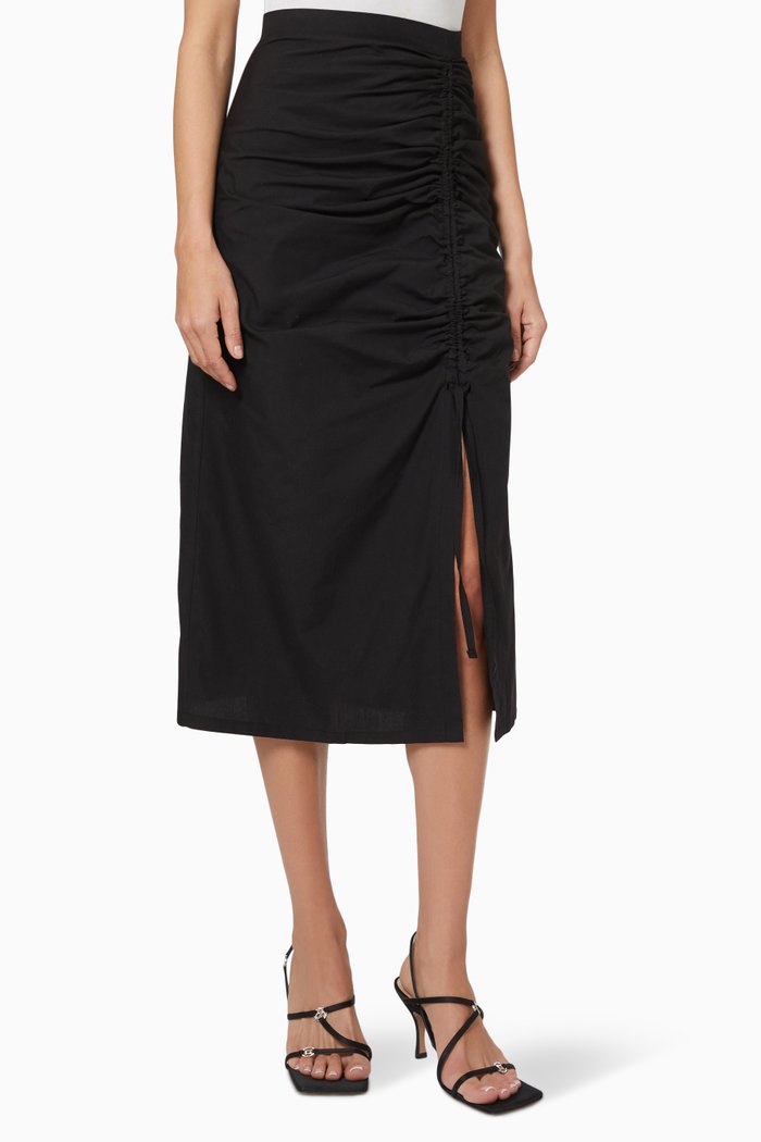 Midi Drawstring Skirt in Poplin, Black
