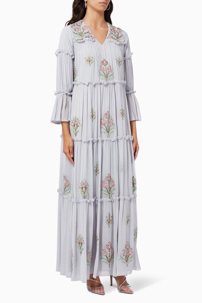 

Maitha Floral Embroidered Tiered Jalabiya in Chiffon, Grey